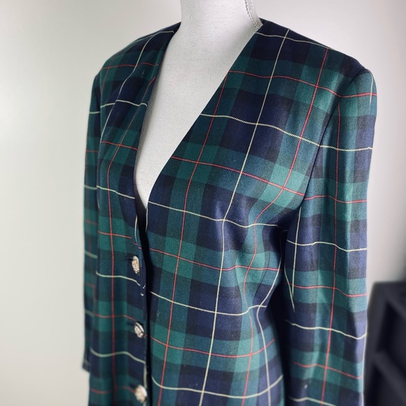 Amanda Smith women vintage plaid buttoned long  blazer pockets Sz 10 green multi - Picture 4 of 9